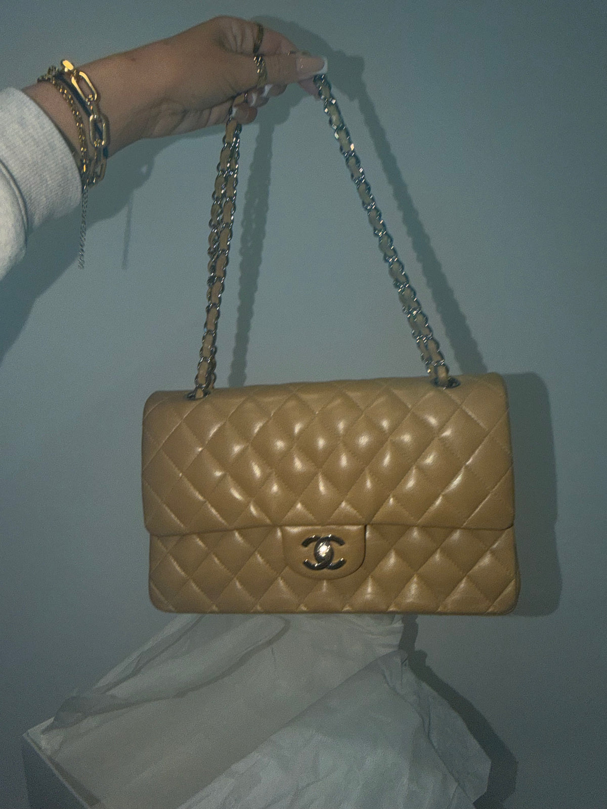 Preloved Chanel Bag Medium Double Flap Beige with Silver Hardware