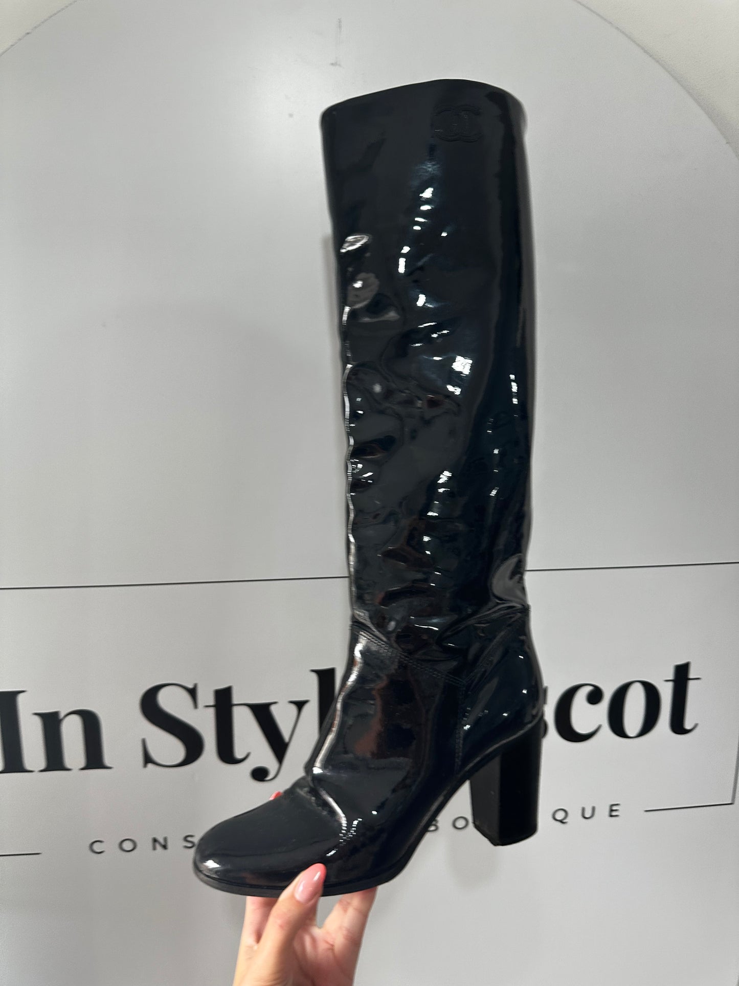 Patent Chanel Knee High Boots, Size 5 - 38