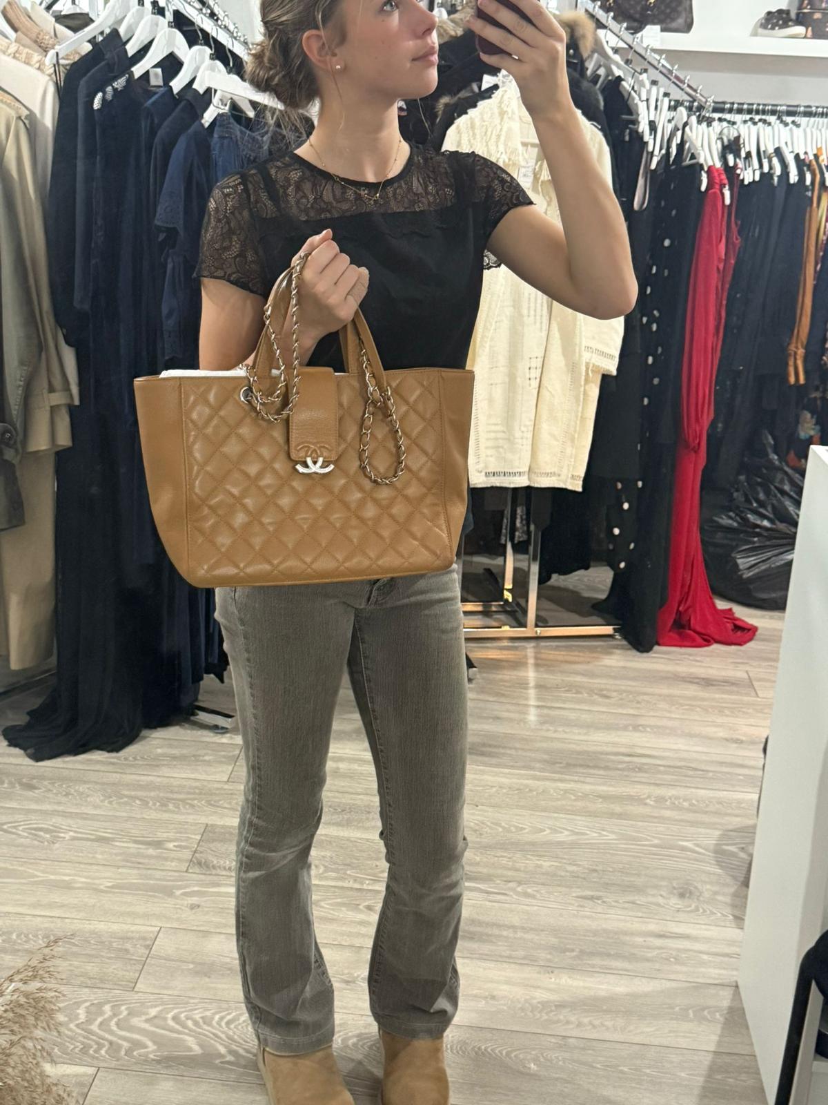 Chanel Tan Caviar CC Box Large Quilted Tote