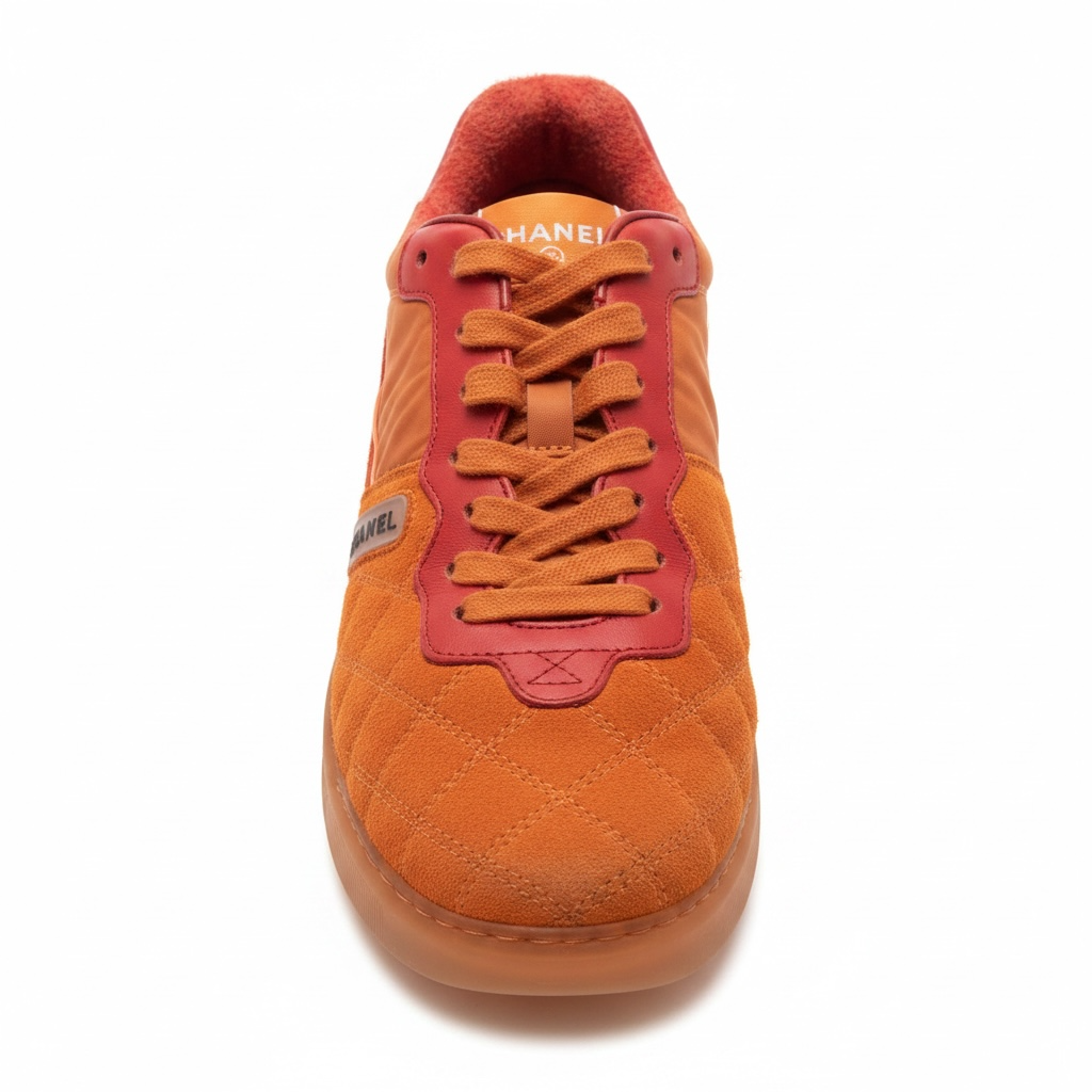 Pre-loved Orange & Red Chanel Quilted Suede Trainers, 4