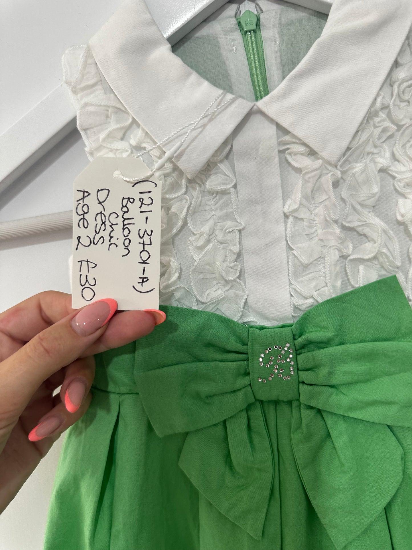 Green & White Balloon Chic Kids Dress, Age 2