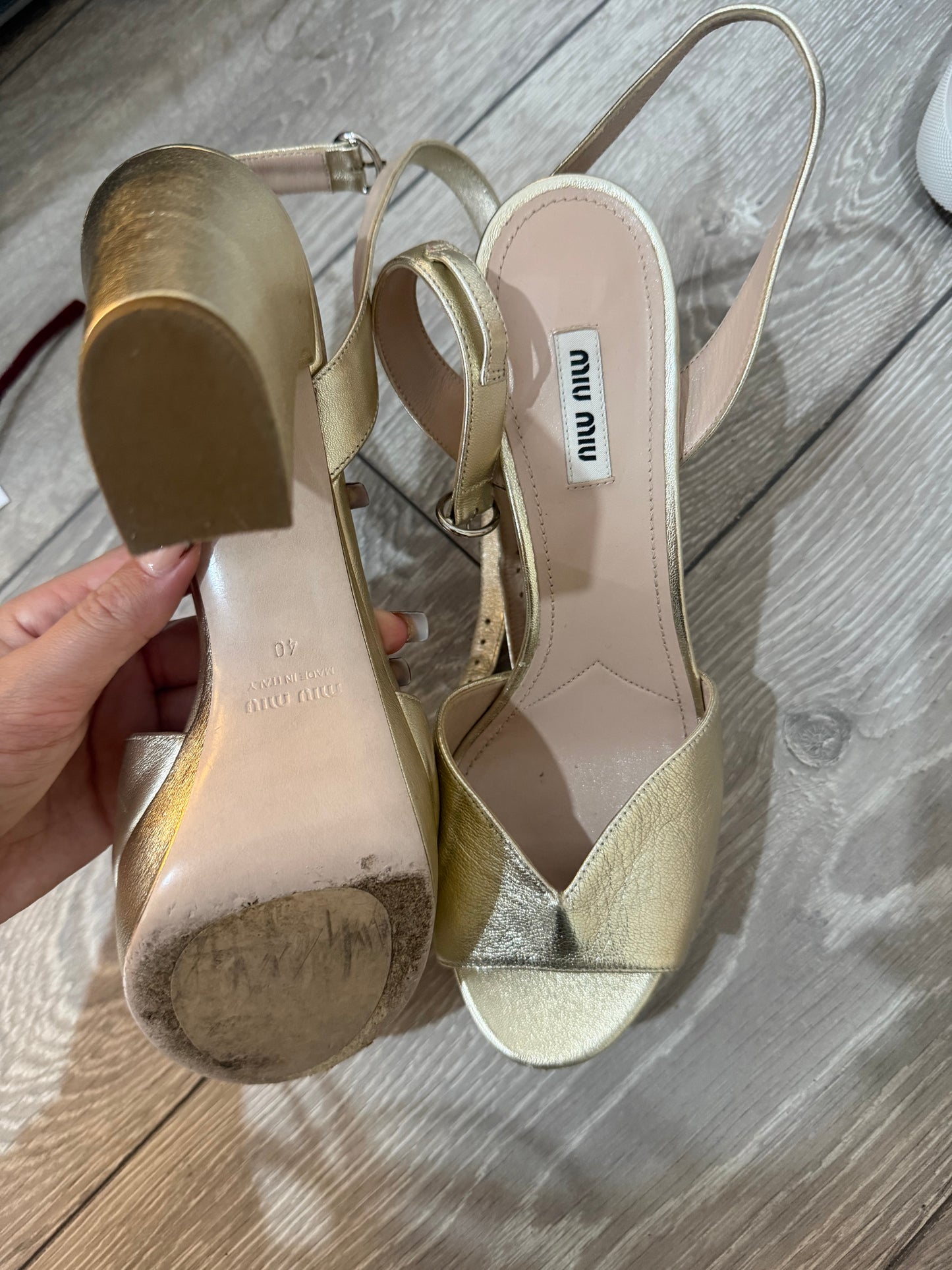 Gold Miu Miu Heels Sandals, Size 40 - UK 7