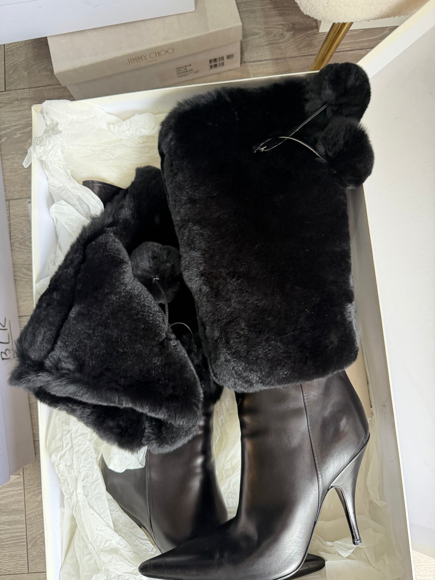 Preloved Dior Knee High Boots Size 5.5 Black Leather & Rabbit Fur