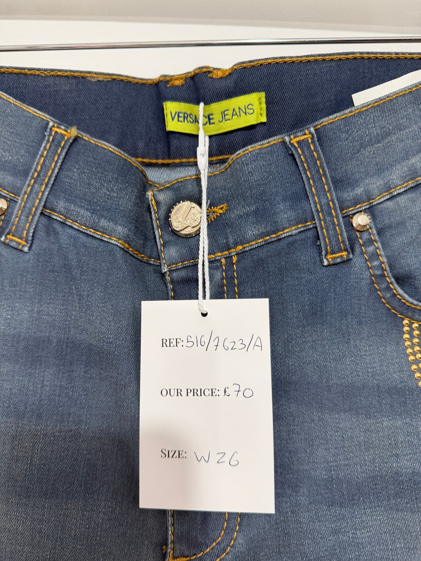Pre-owned blue with gold studs Versace jeans Jeans, Size w 26