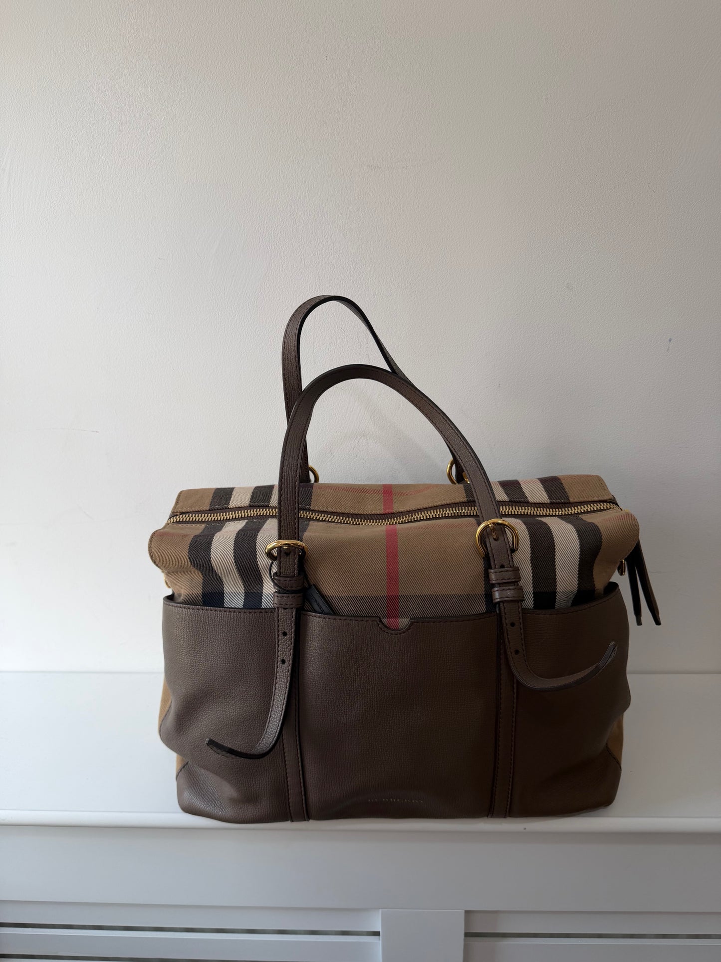 Preowned, NEW, Monogram and Leather Burberry Baby Bag