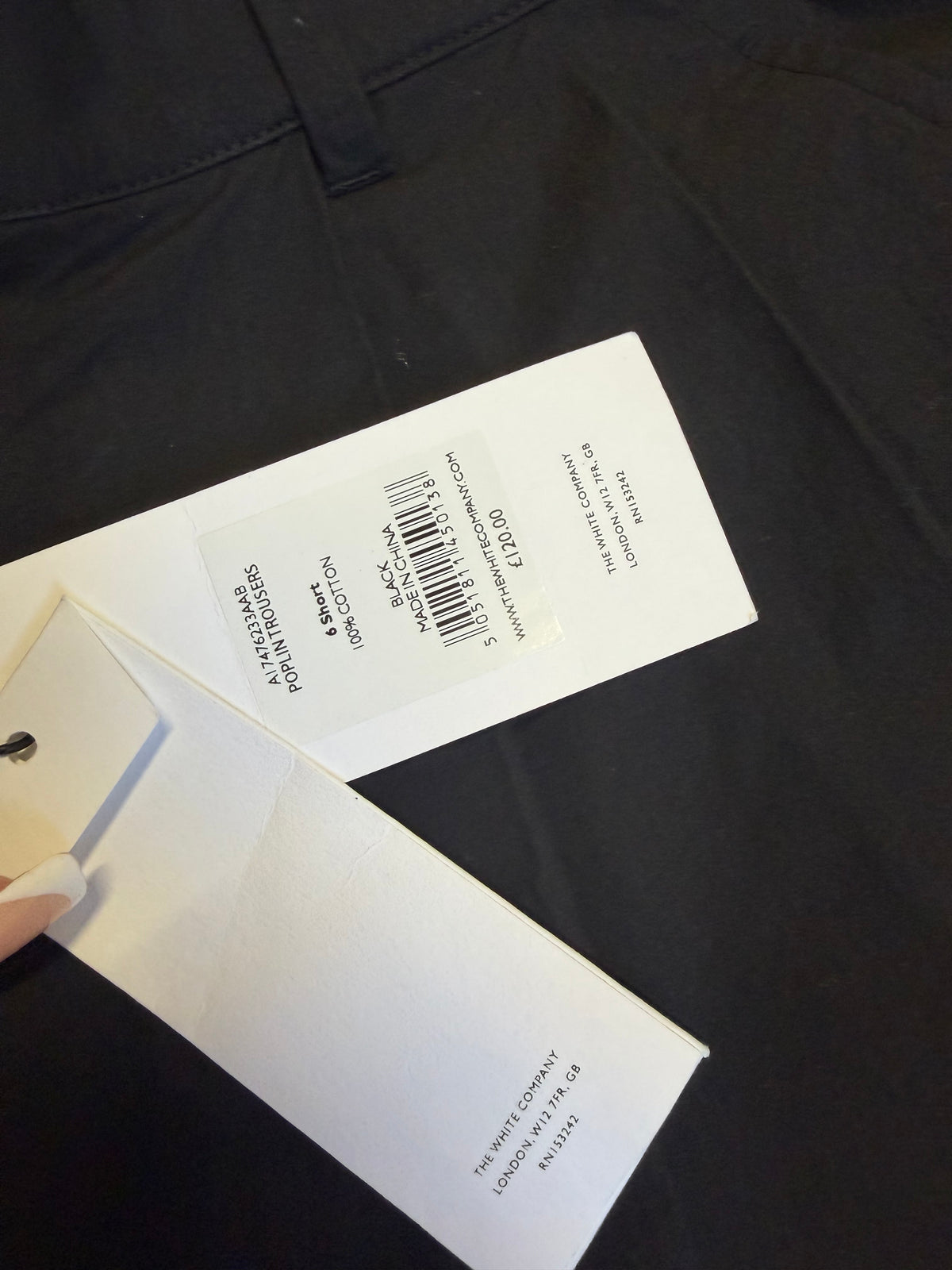 Preloved The White Company Trousers Size 6 Short Poplin Black, BNWT