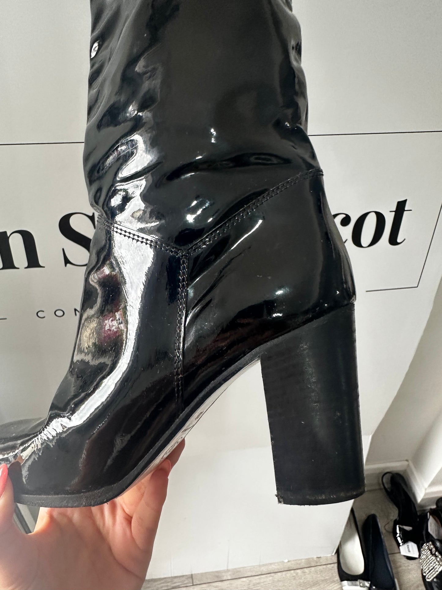 Patent Chanel Knee High Boots, Size 5 - 38