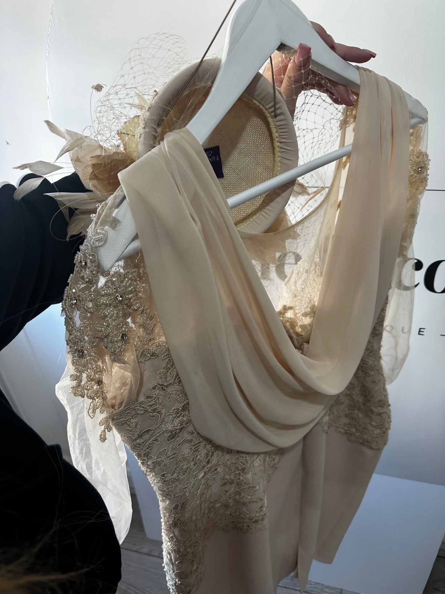 Cream/Beige Nataliya Couture Dress & Fascinator Set, Size 16-18