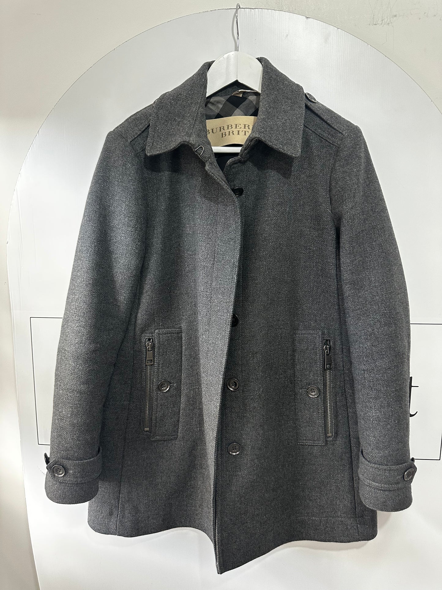 Grey Burberry Brit Wool Coat, Size 12