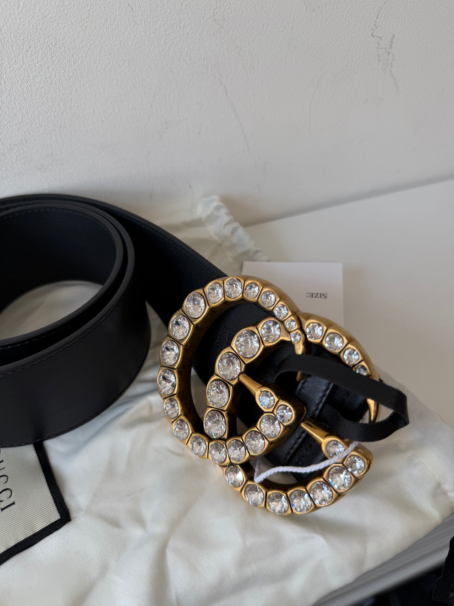 Pre-loved black with gold Gem Gucci Chunky belt, Size 95 W36