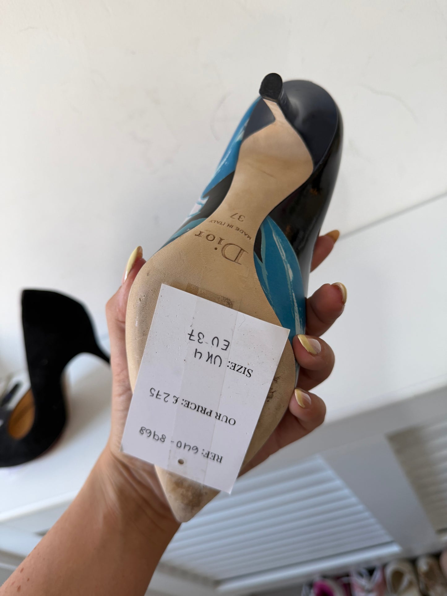 Preloved, Blue and Black Floral print Christian Dior Heels, Size 37 - UK 4