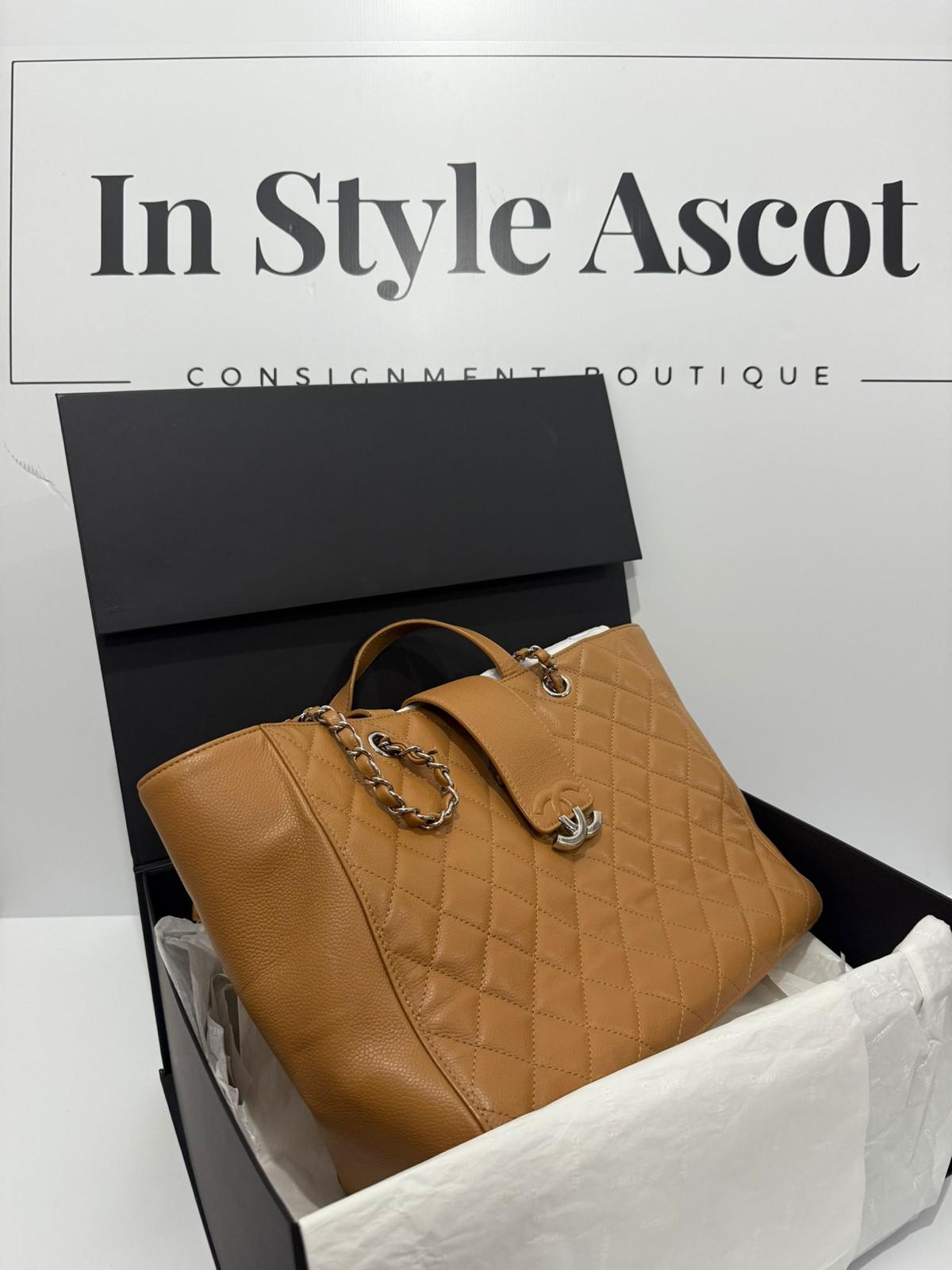 Chanel Tan Caviar CC Box Large Quilted Tote