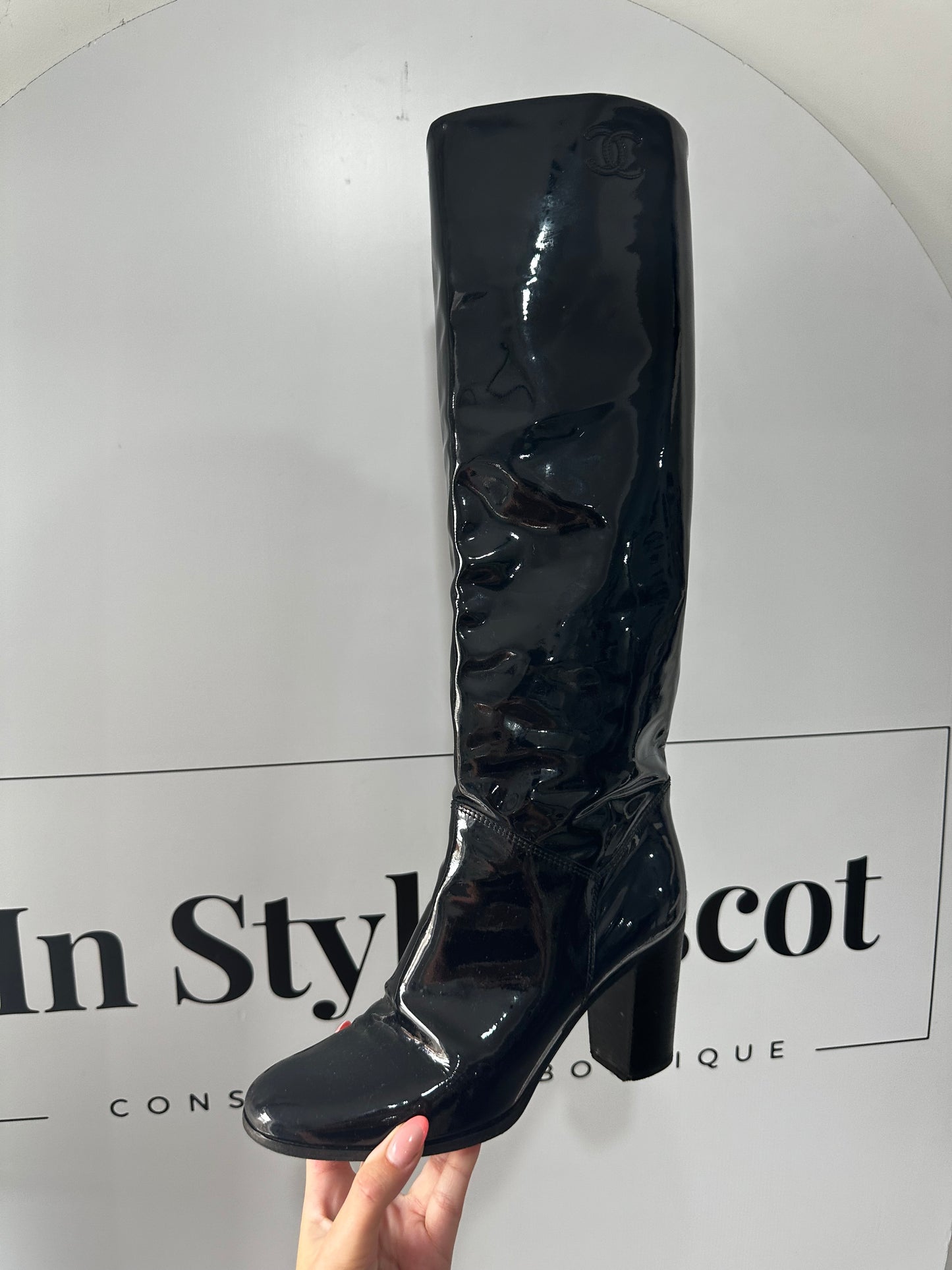 Patent Chanel Knee High Boots, Size 5 - 38