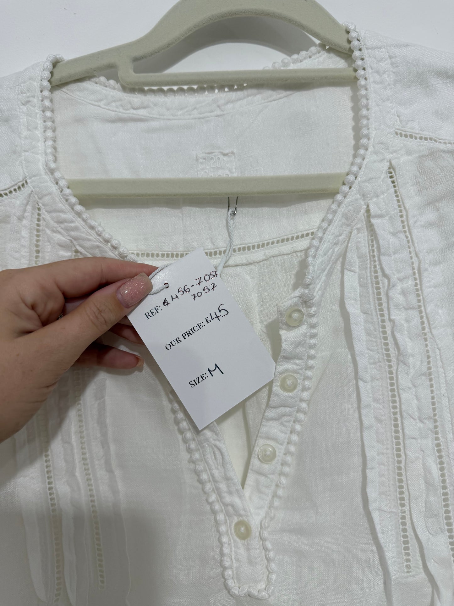 Pre-owned, White 120% Lino Boho Blouse, Size 42 (Fits 12)