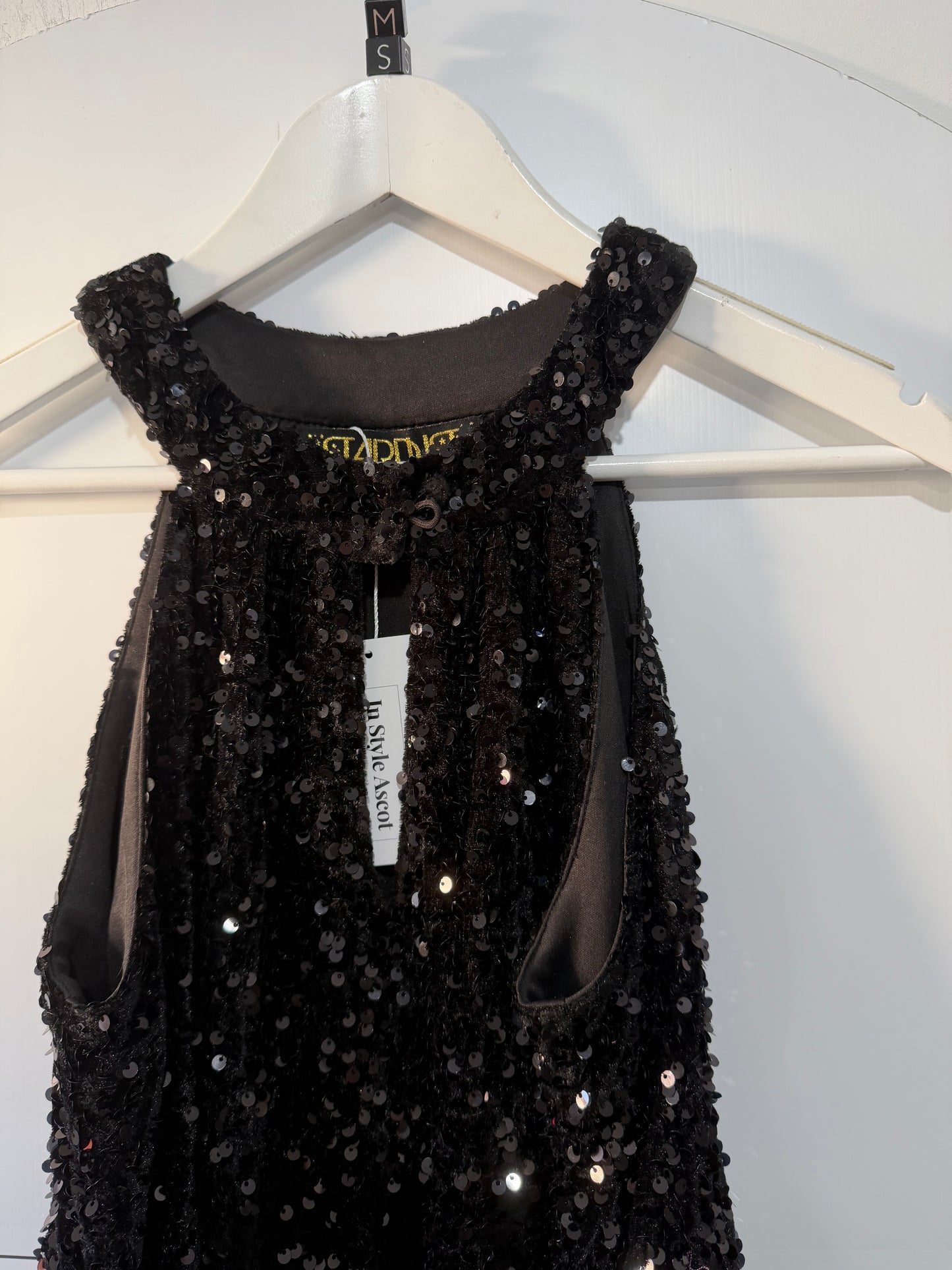 Black Sequin Stardust Evening Dress, Size S (adjustable to fit a 10/12 with belt)