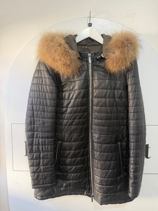 Black Racoon Fur Hood Oakwood Leather Jacket, Size XL