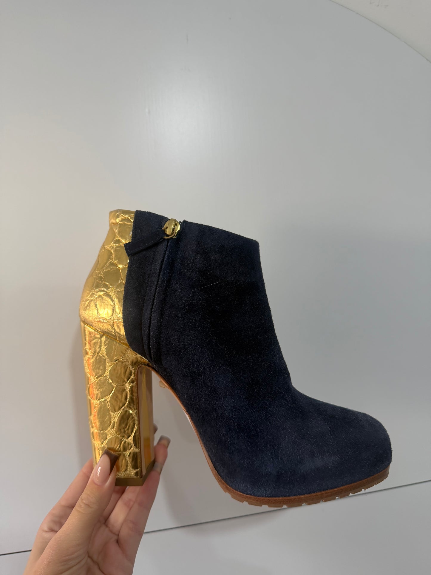 Navy Suede and Gold Rupert Sanderson Boots, Size 35.5 - UK 2.5