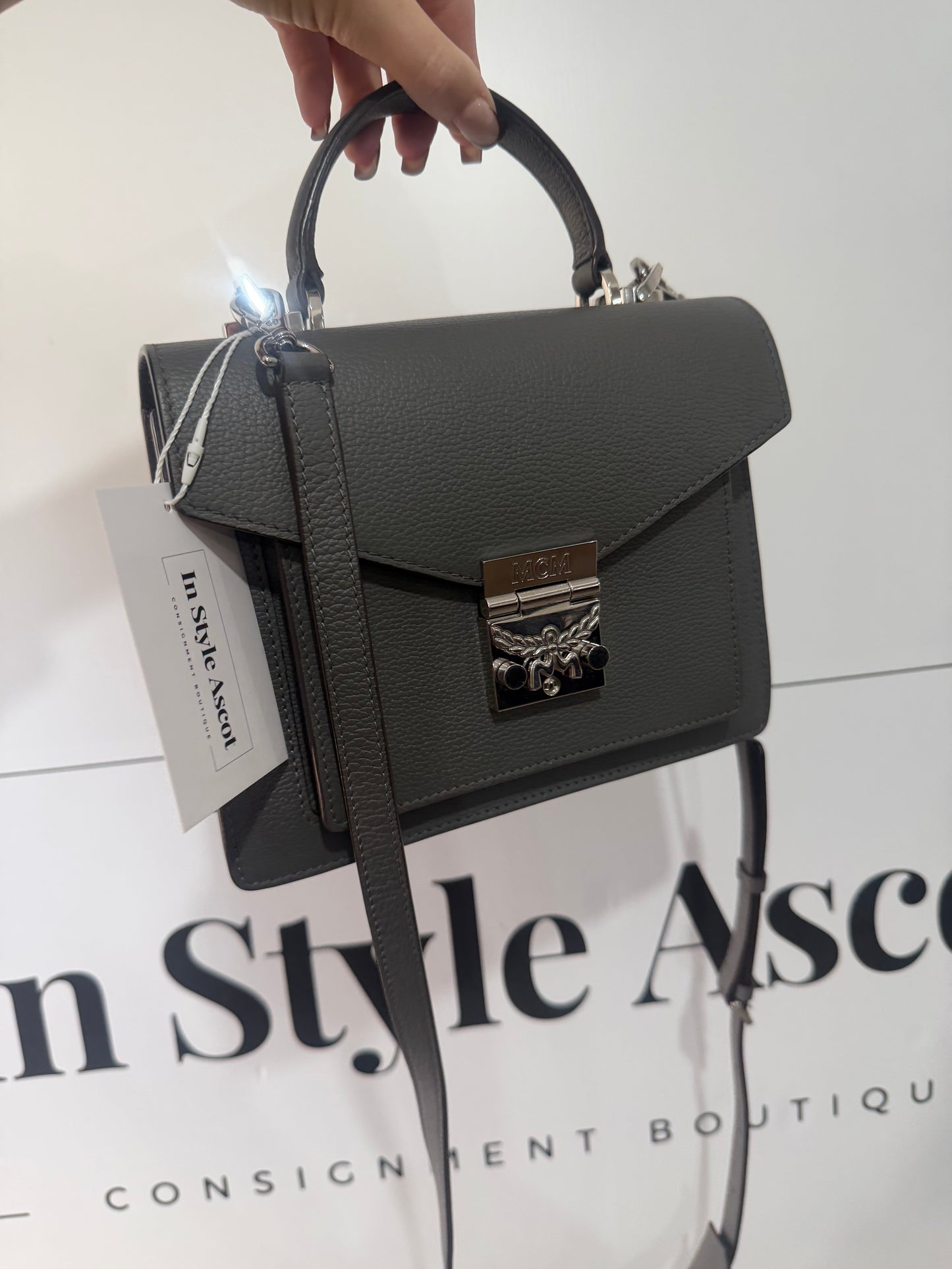 Grey MCM Handbag with Crossbody Strap, Excellent Condition