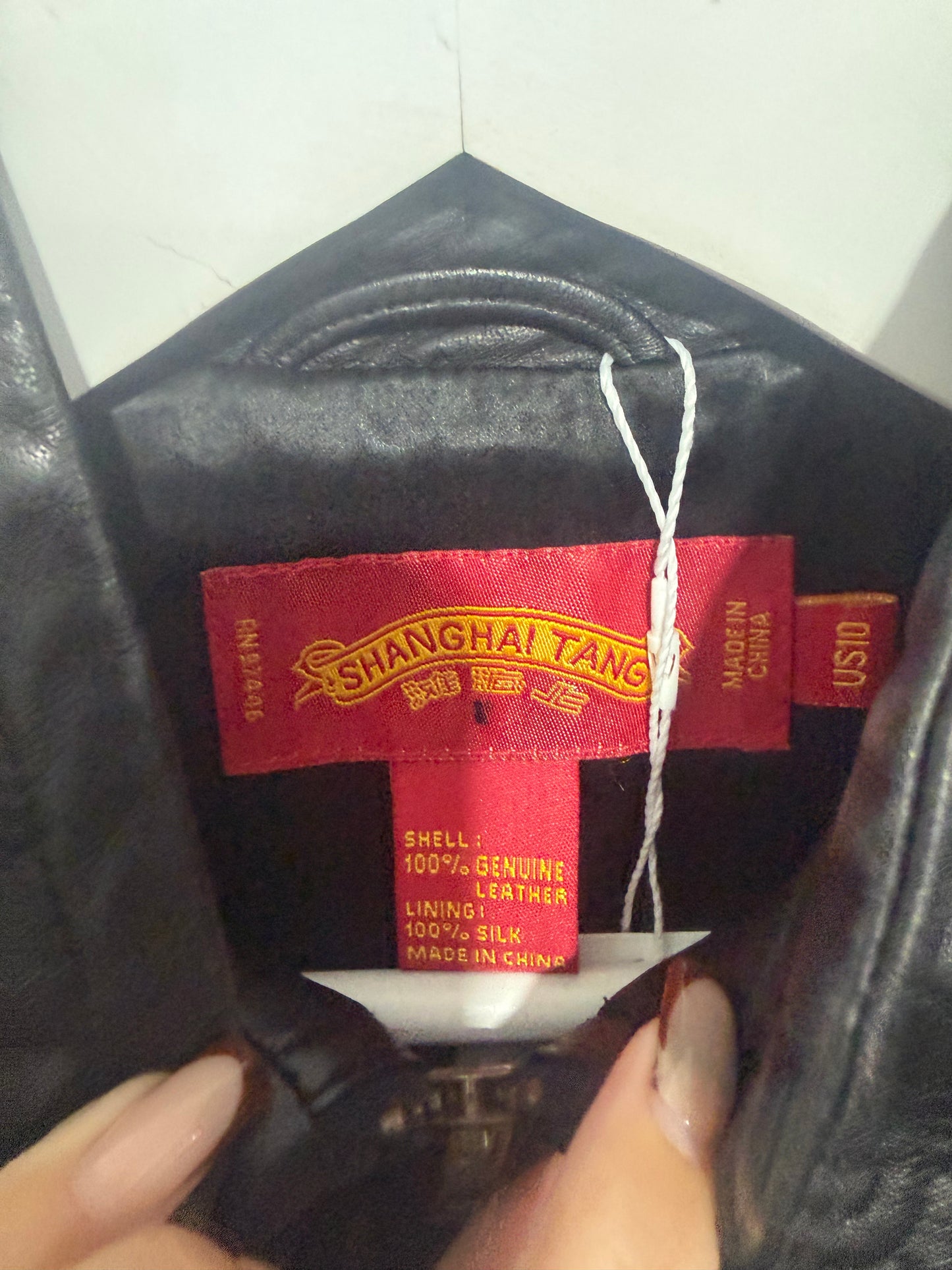 Black Shanghai Tang Leather Jacket, Leather and Silk 10/12