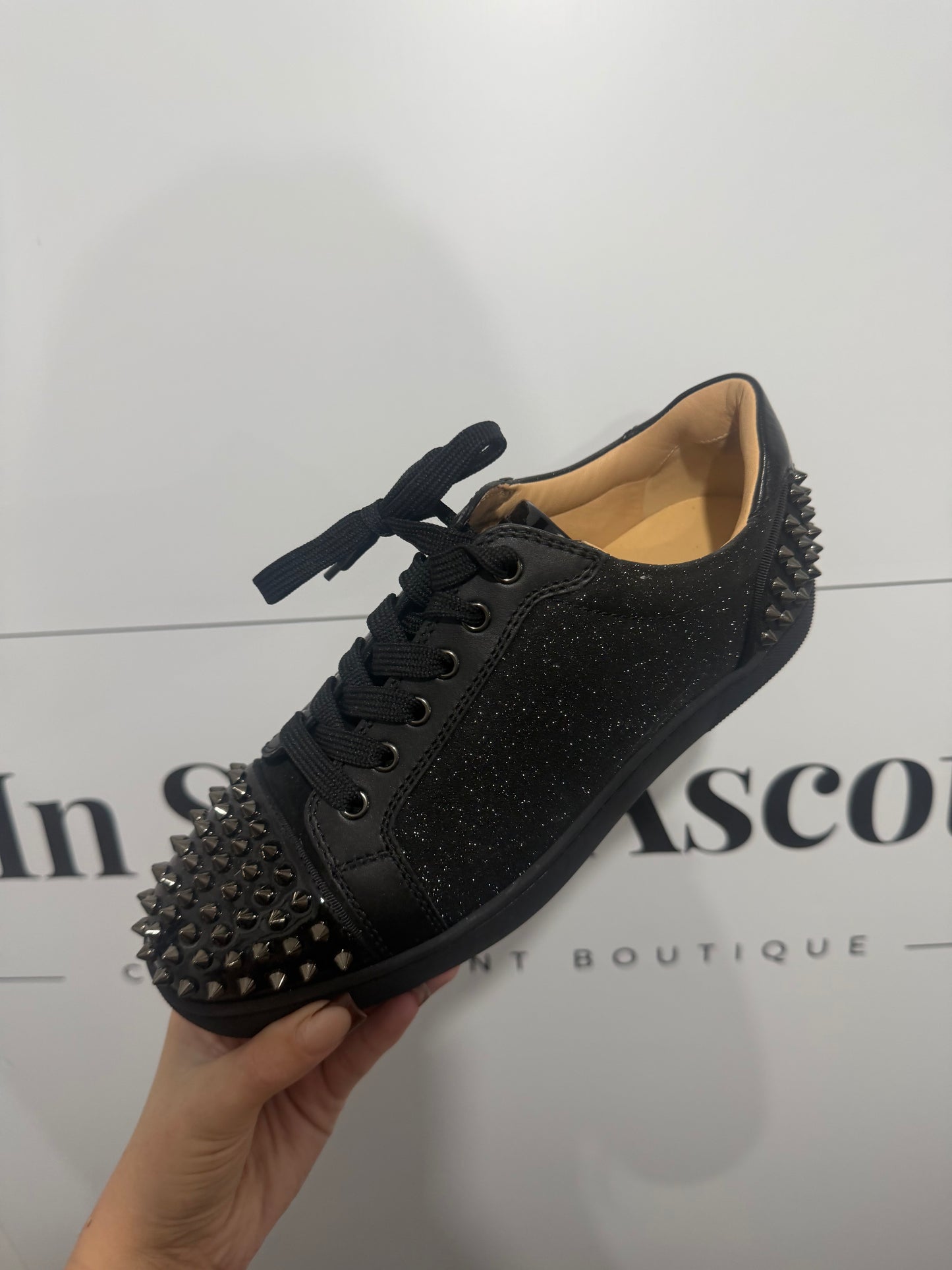 Black Shimmer Studded Christian Louboutin Sneakers, Size 41