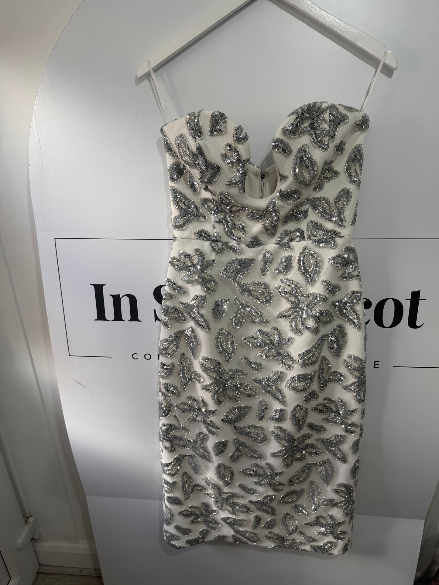 White and Silver Rebecca Vallance Brand New Dress, Size 8