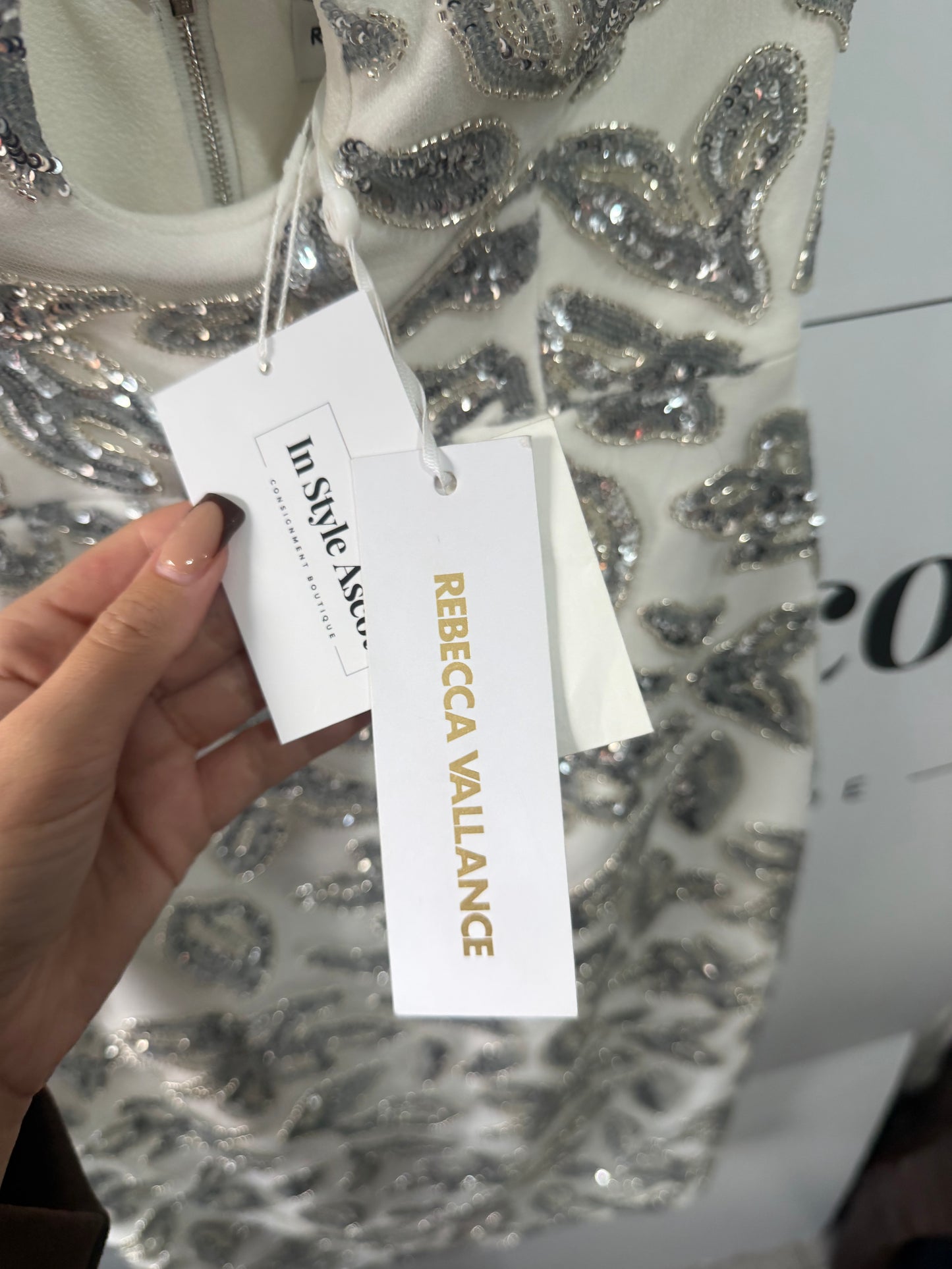 White and Silver Rebecca Vallance Brand New Dress, Size 8