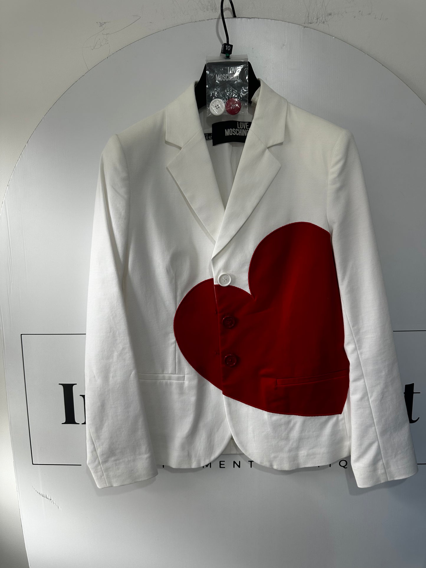 White & Red Love Moschino Blazer, Size 8-10