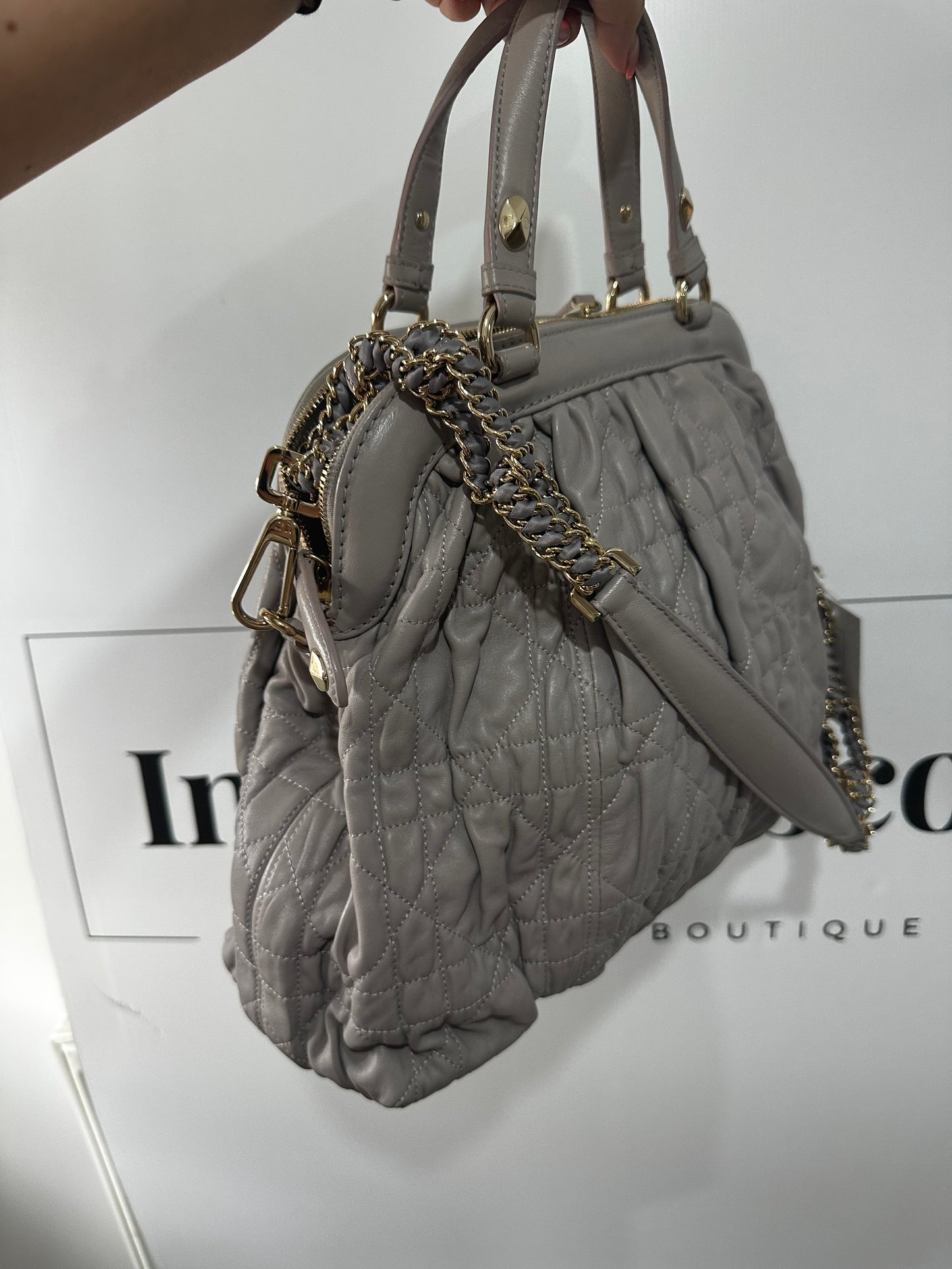 Pewter Grey Gold Hardware Christian Dior Quilted Bag, Cannage Leather Delices
