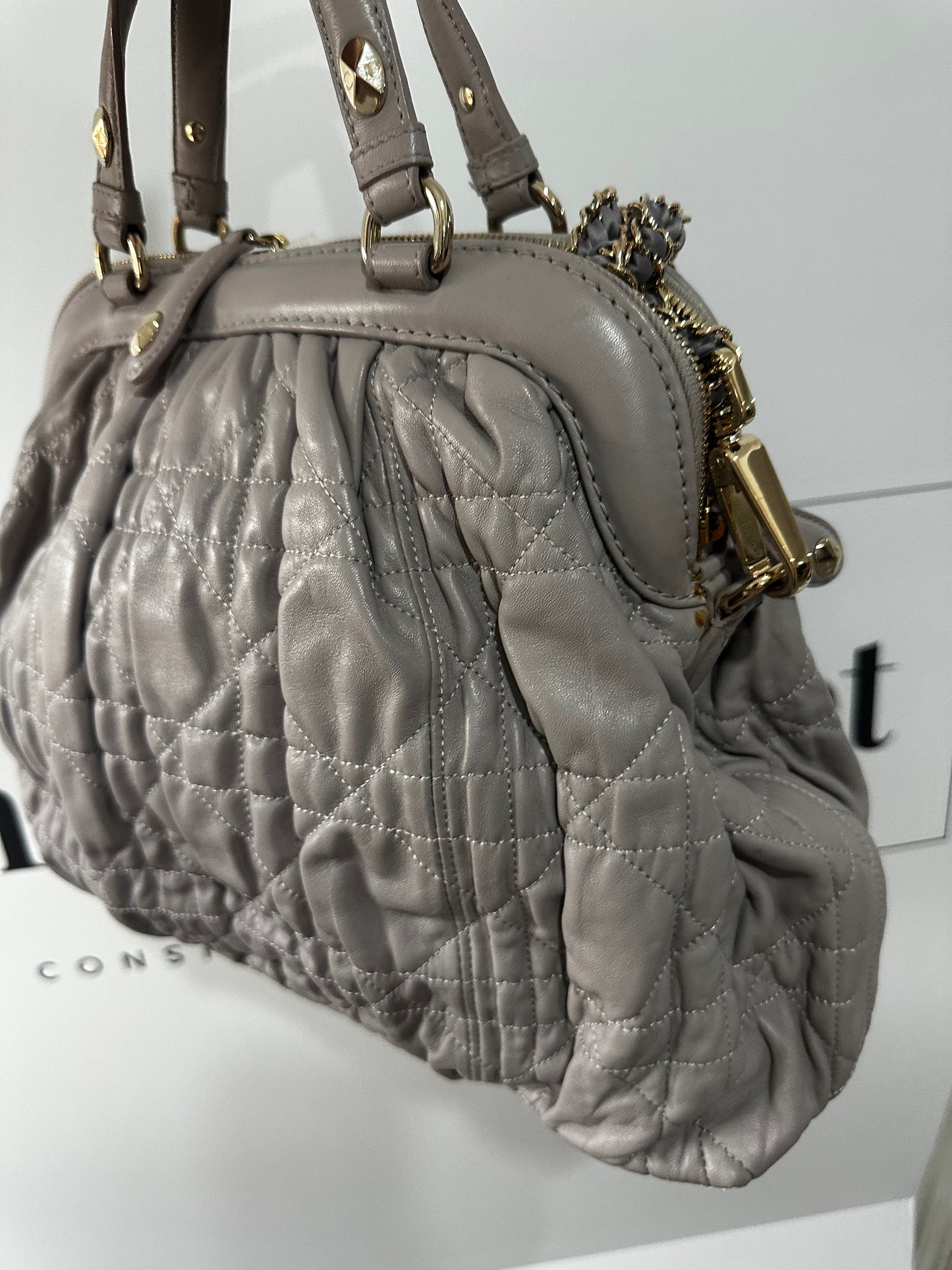 Pewter Grey Gold Hardware Christian Dior Quilted Bag, Cannage Leather Delices