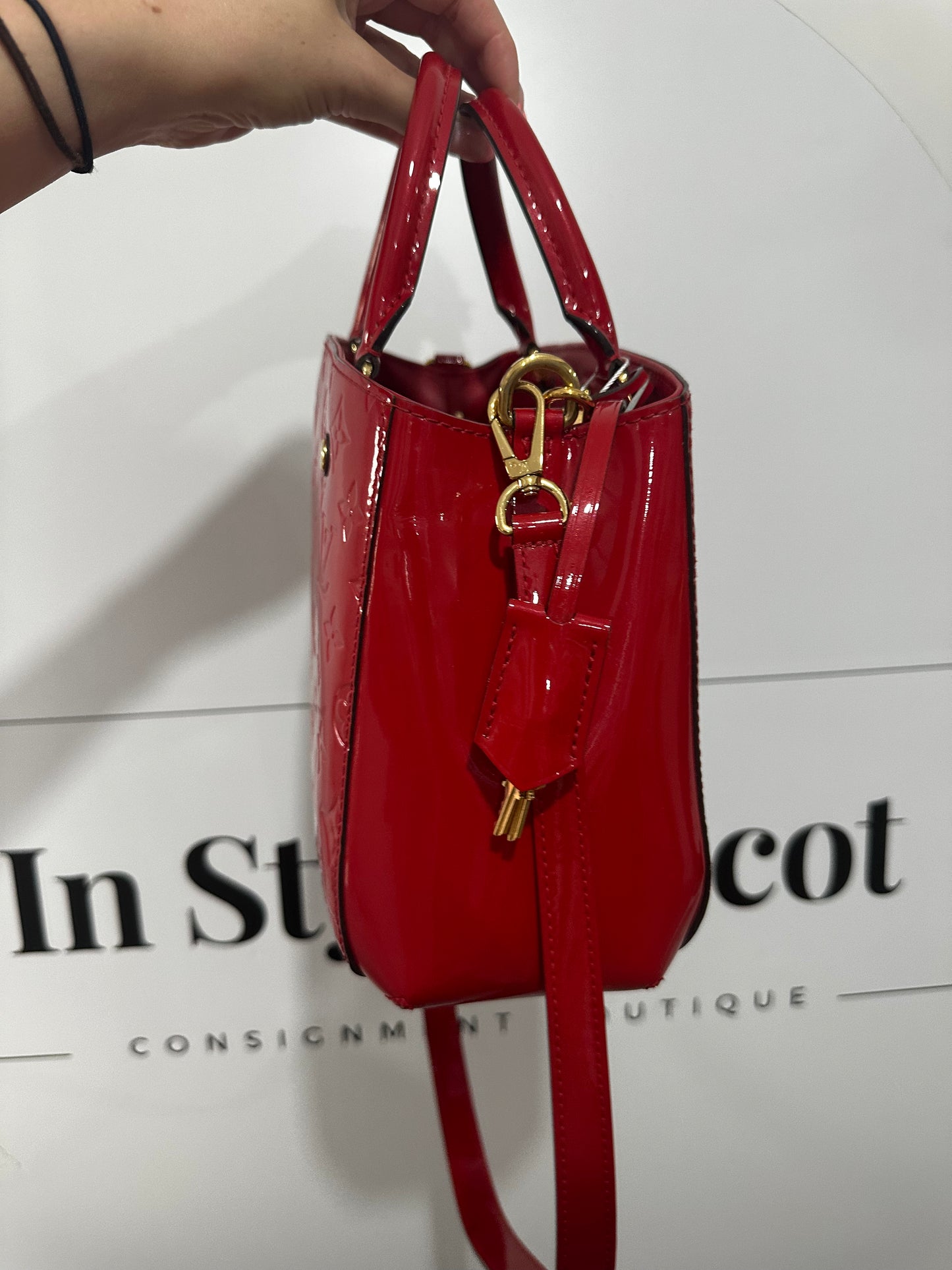Red Louis Vuitton Patent Leather, 11inches W x 8 Inches H Approx