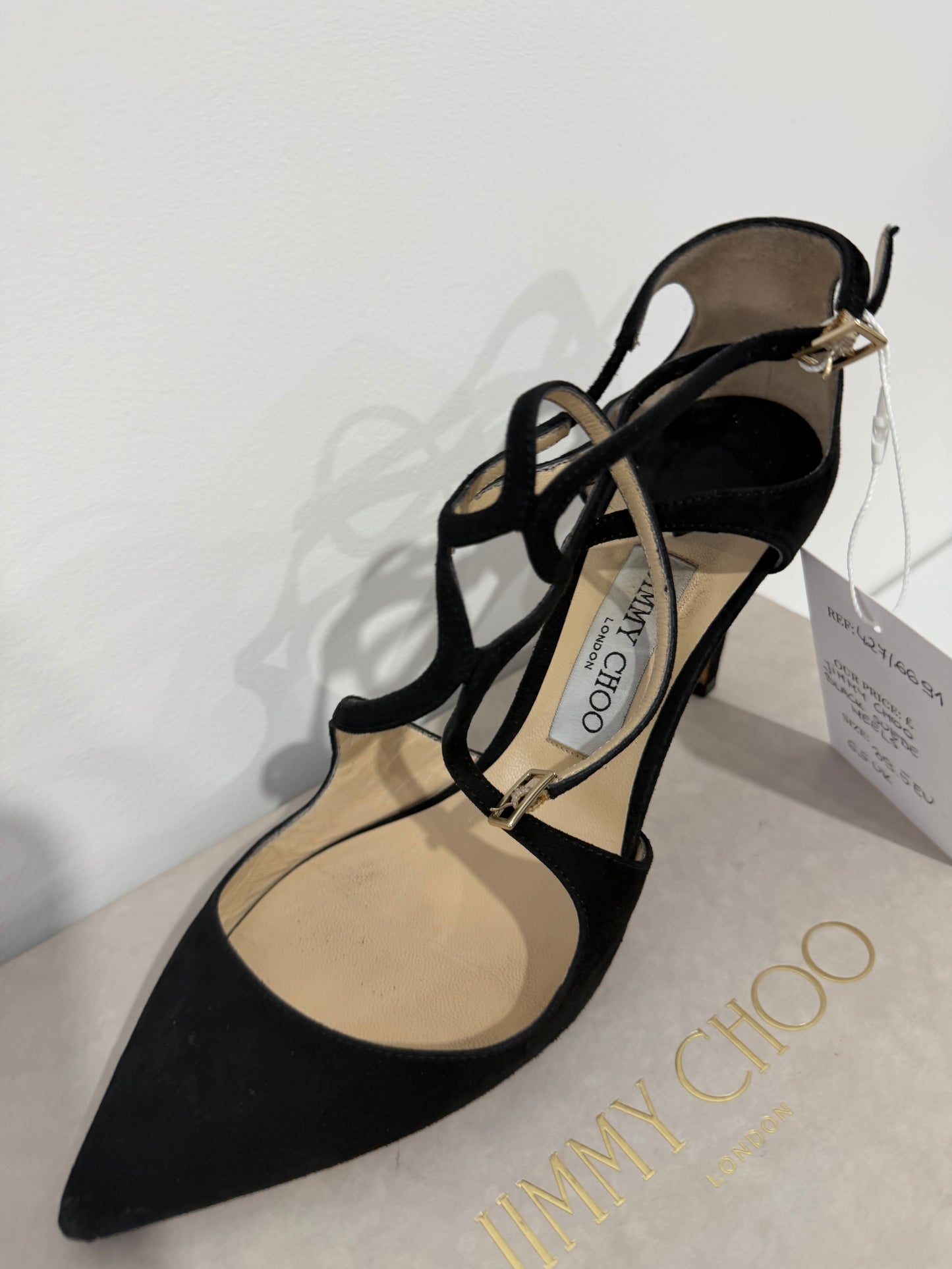 Preloved Black Suede Jimmy Choo Heels, Lance, Size 6.5