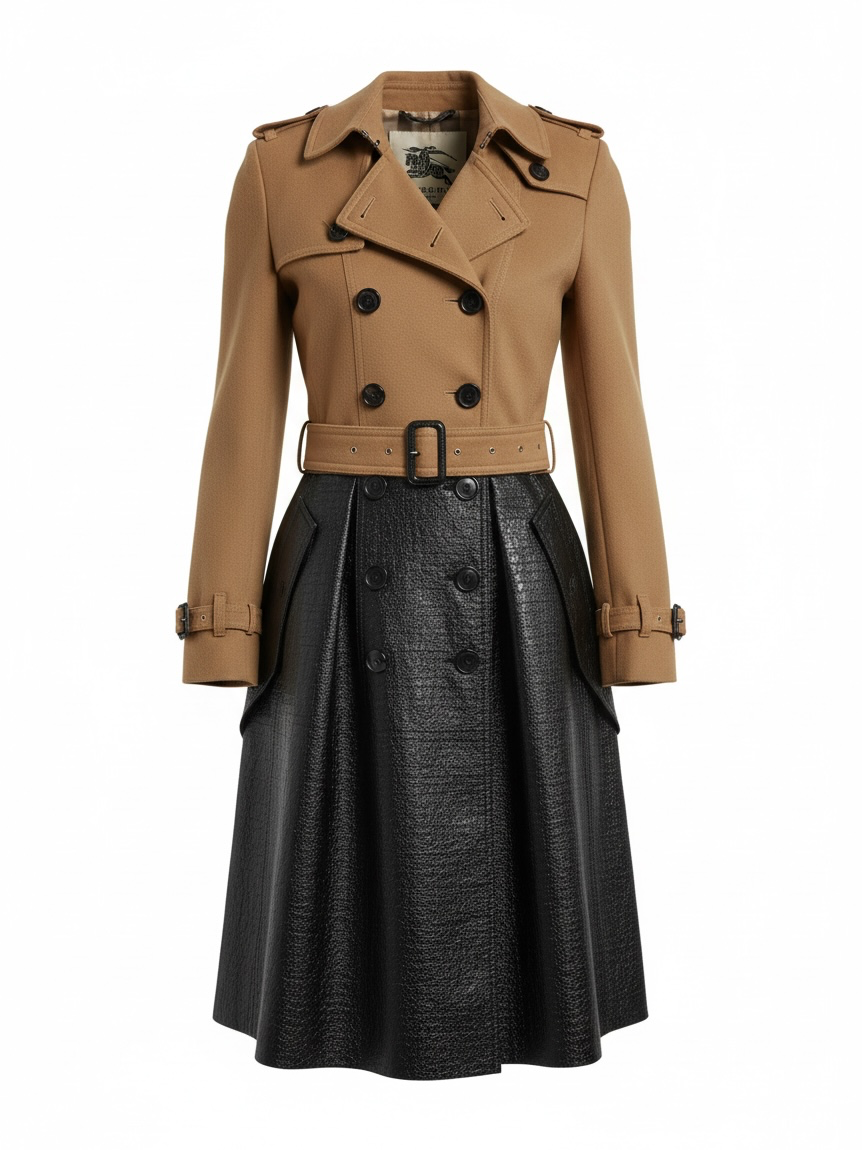 Preloved Burberry Coat UK 8 Beige, Black Leather and Beige