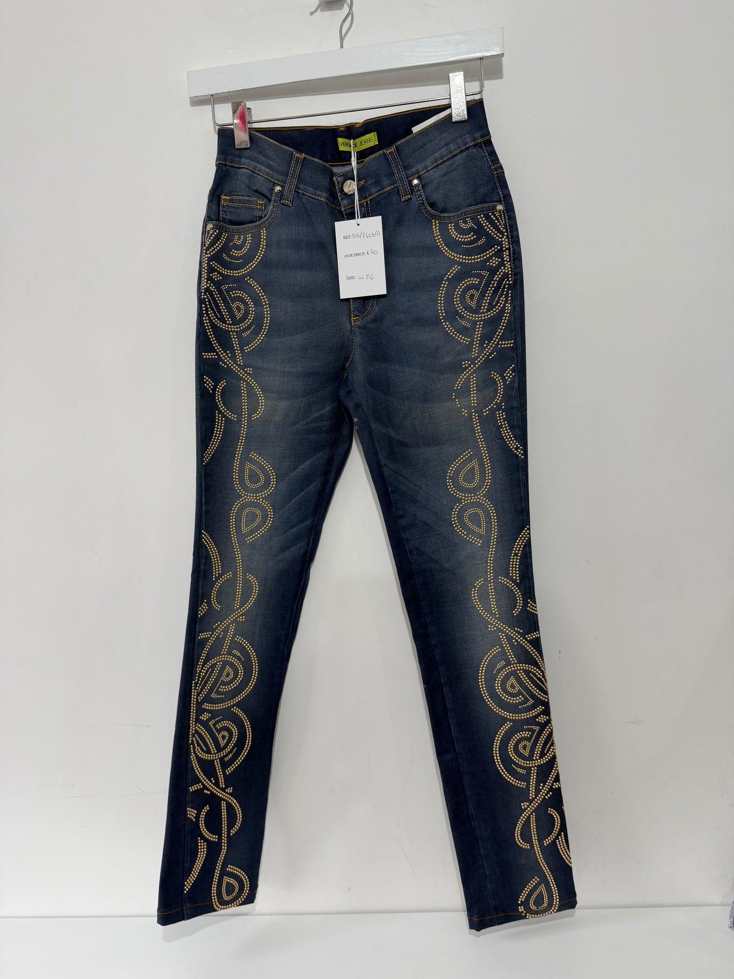 Pre-owned blue with gold studs Versace jeans Jeans, Size w 26