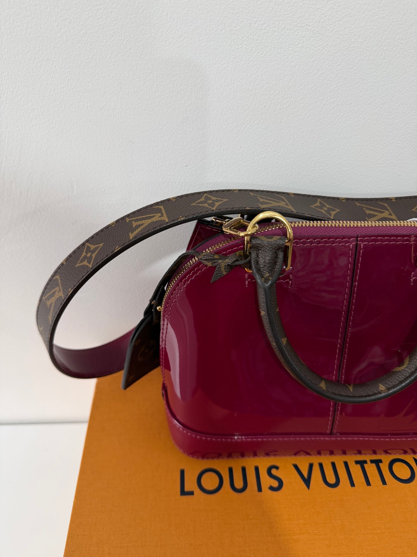 Pre-owned, Patent Burgundy and Monogram Louis Vuitton Alma BB Bag