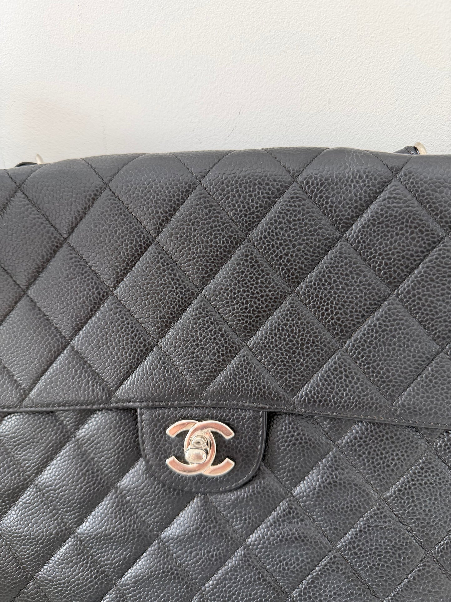 Preloved, Black Chanel Quilted Jumbo Single Flap Bag, Silver Hardware, Black Caviar Leather