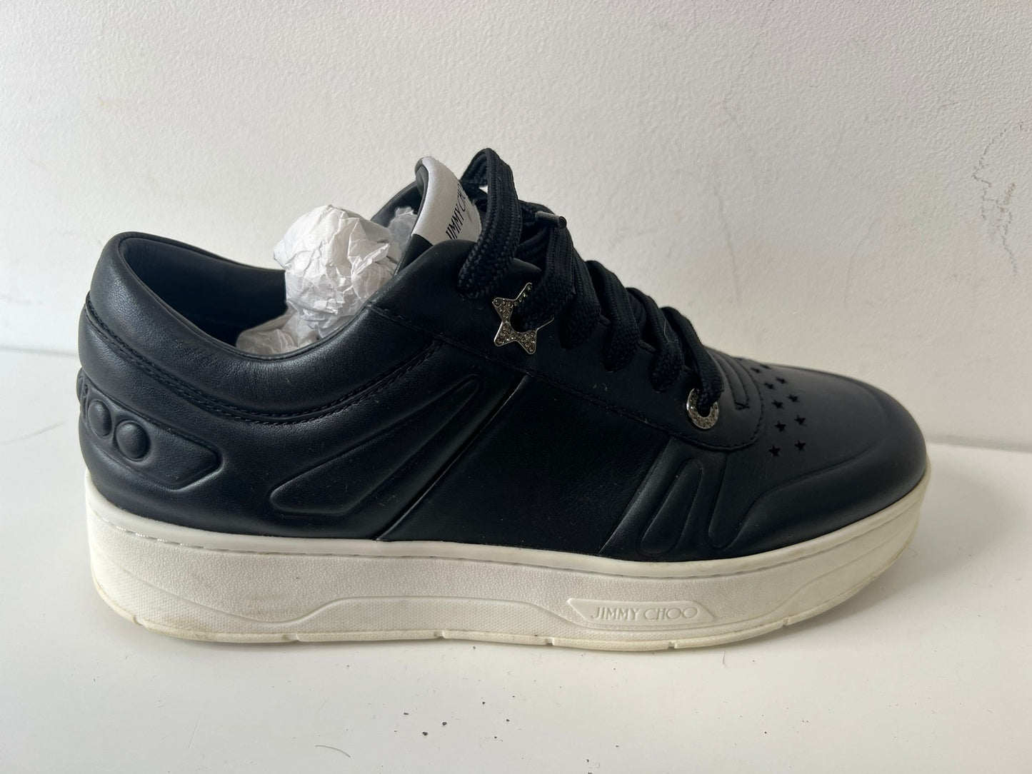 Preloved, Black leather with distinctive shaped eyelets and a chunky platform sole Jimmy Choo Hawaii Trainers, Size 38 - UK 5