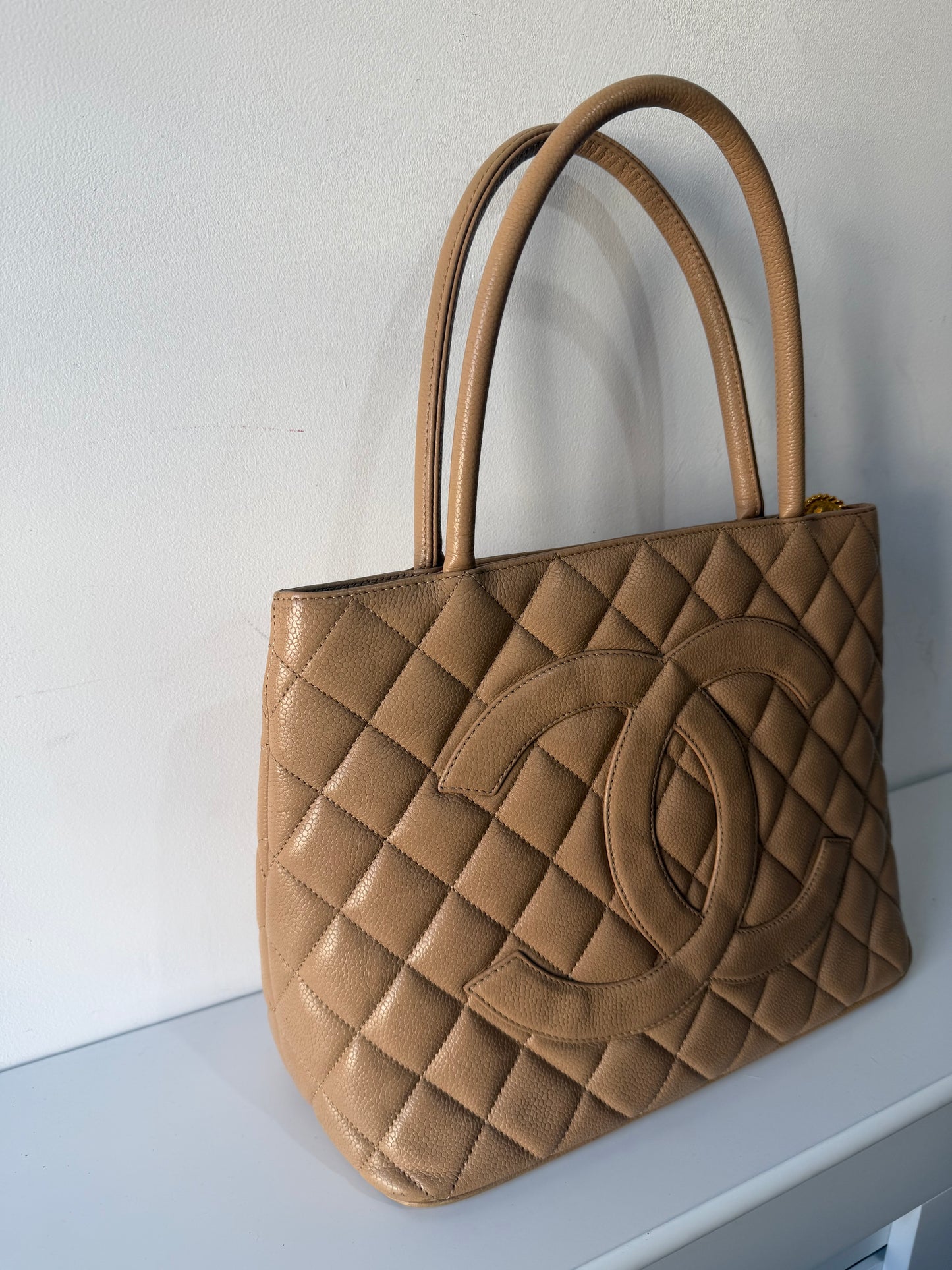 Preloved Chanel Handbag Medallion Tote Beige