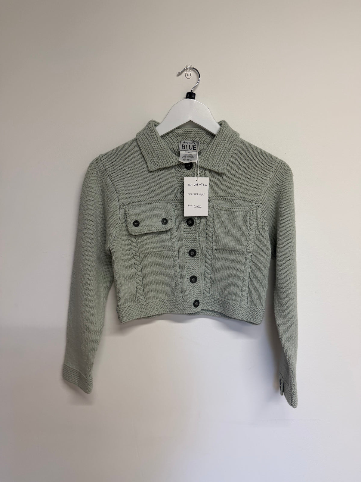 Preloved Artwork Blue Knitted Cardigan Size Small Mint Green