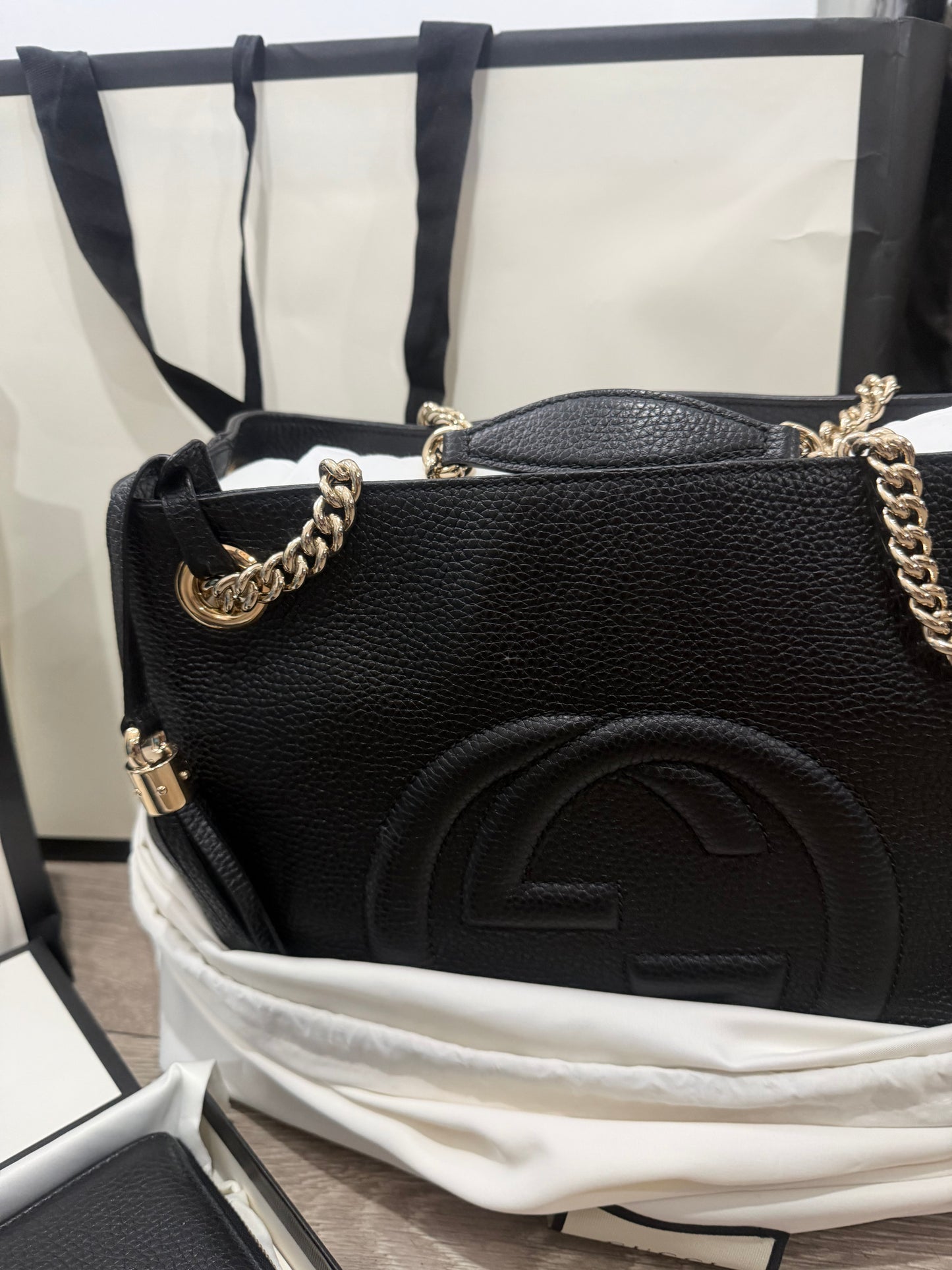 Black Gold Hardware Gucci Soho Chain Leather Bag, with Purse (Set)