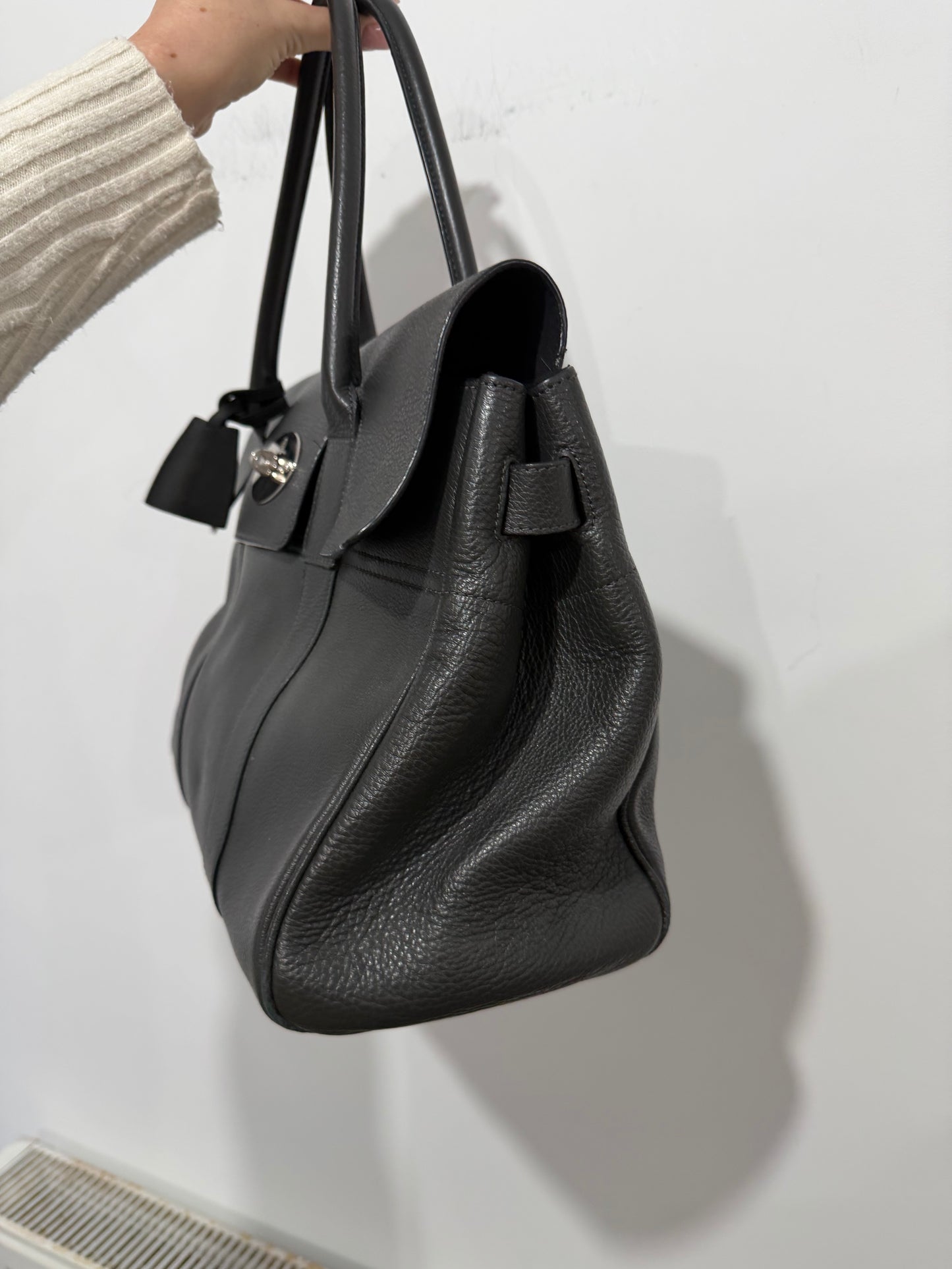 Grey Grained Leather Mulberry Bayswater Handbag, Silver Hardware