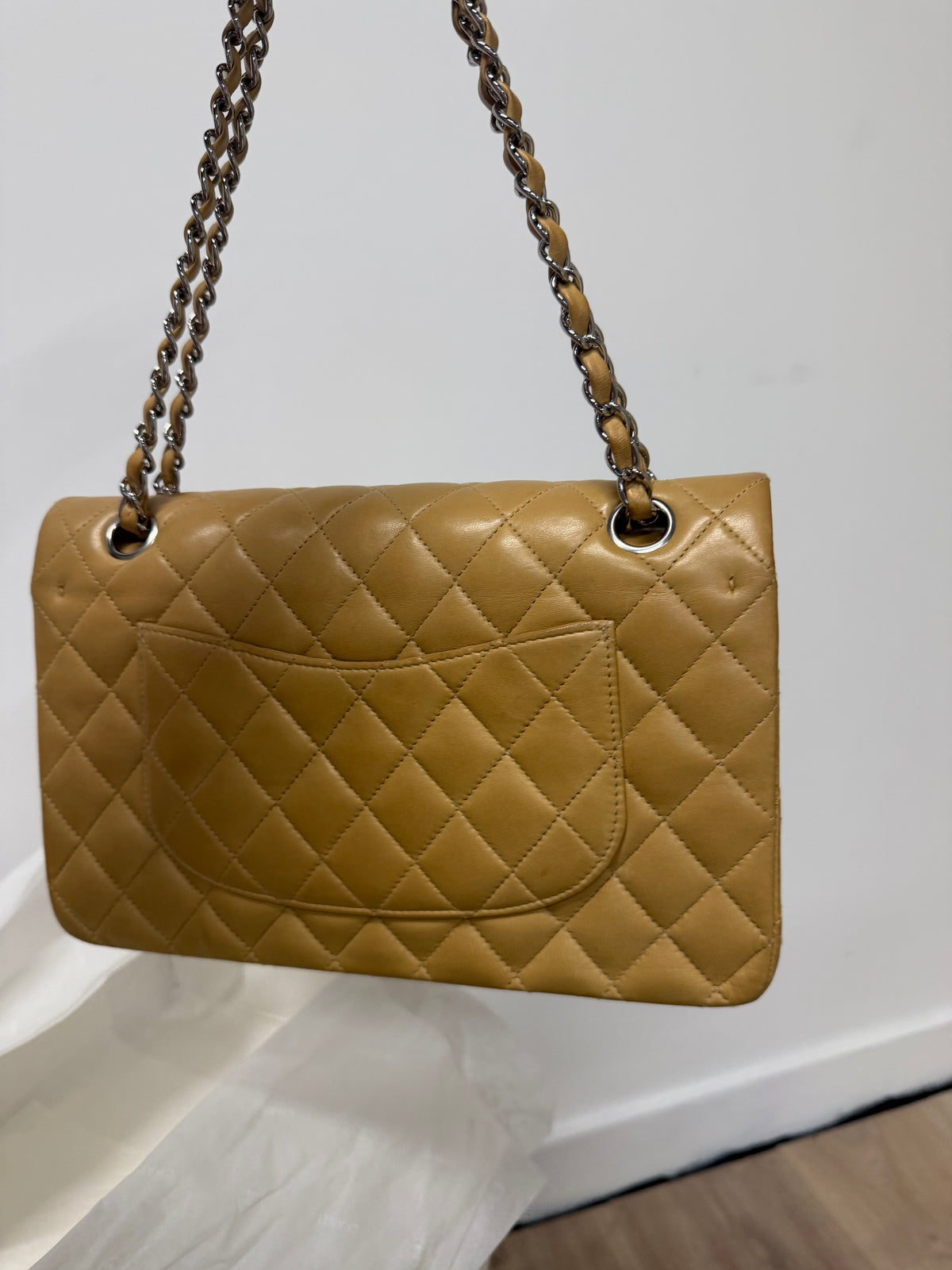 Preloved Chanel Bag Medium Double Flap Beige with Silver Hardware