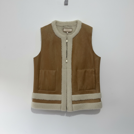 Pre-owned, Tan and Cream Tory Burch Sheepskin Gilet, Reversible Size M
