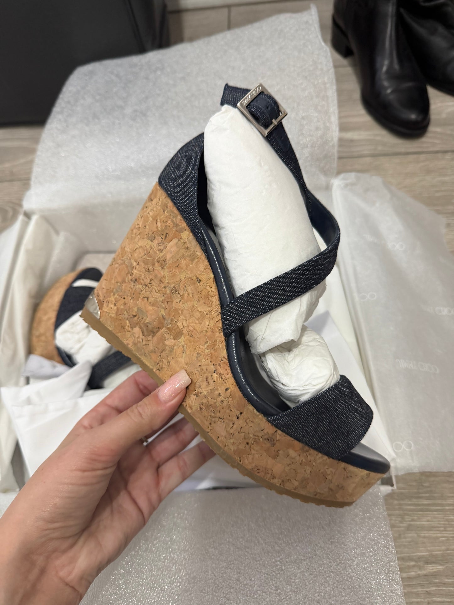 Denim Porta 100 Jimmy Choo Wedges, Size 37