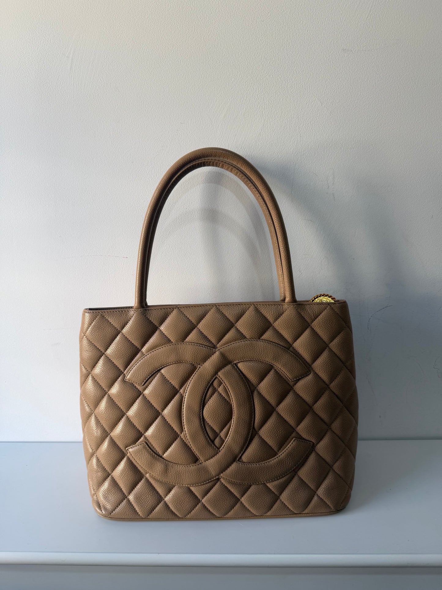 Preloved Chanel Handbag Medallion Tote Beige