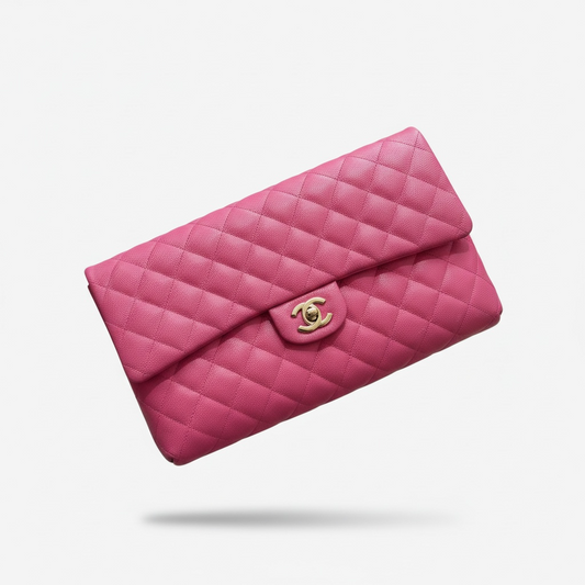 Pink Chanel Clutch, Quilted Large Flap Champagne Gold Hardware Caviar