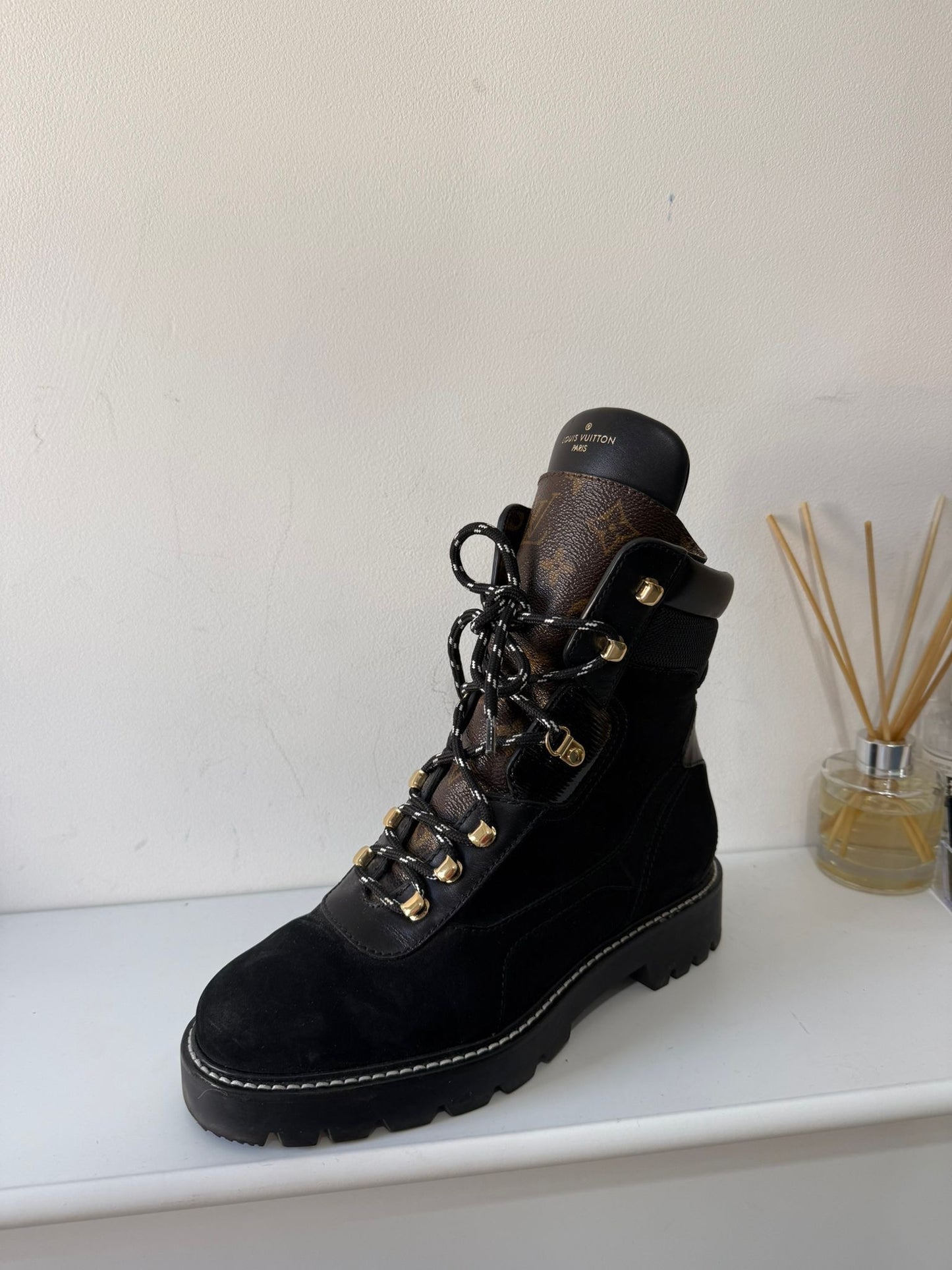 Preloved, Black Suede and leather construction with gold-toned eyelets. Louis Vuitton Territory Flat Ranger boots, Size 38.5 - UK 5.5