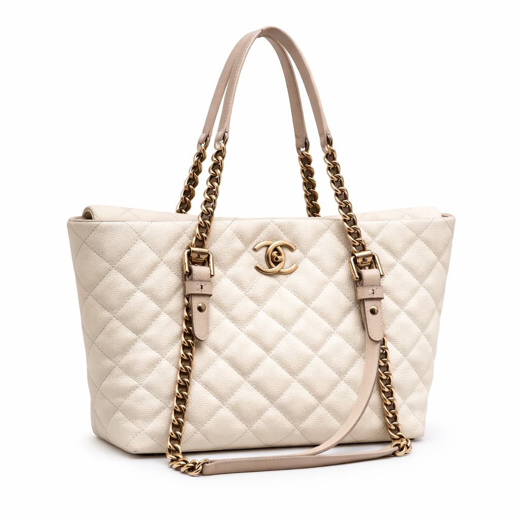 Pre-owned Cream Chanel Handbag, shoulder and handle 14 by 10inch by 7inch