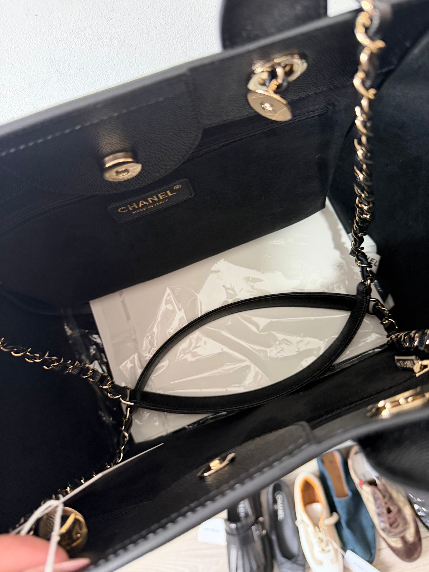 Preloved Chanel Handbag Tote Deauville Black and Gold Studded
