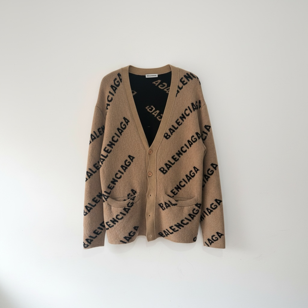 Preloved, Brown Balenciaga Oversized Cardigan, Size XS Logo Intarsia-Knit Cardigan