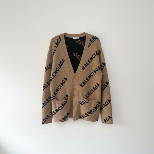 Preloved, Brown Balenciaga Oversized Cardigan, Size XS Logo Intarsia-Knit Cardigan